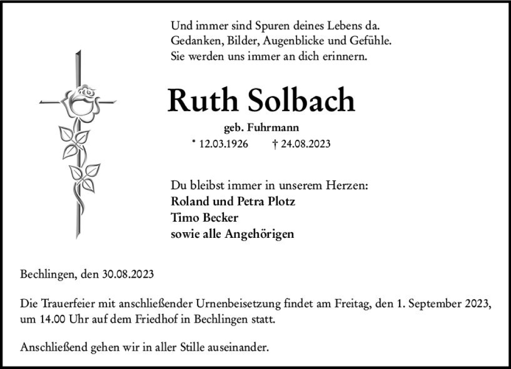  Traueranzeige für Ruth Solbach vom 30.08.2023 aus Wetzlarer Neue Zeitung