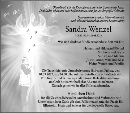 Traueranzeige von Sandra Wenzel von Wetzlarer Neue Zeitung