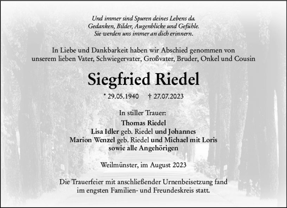  Traueranzeige für Siegfried Riedel vom 12.08.2023 aus Weilburger Tageblatt