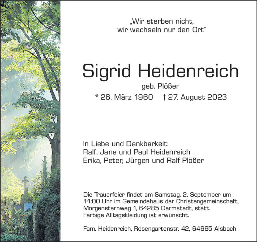  Traueranzeige für Sigrid Heidenreich vom 31.08.2023 aus Darmstädter Echo