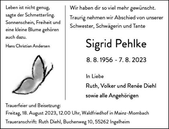 Traueranzeige von Sigrid Pehlke von Allgemeine Zeitung Mainz