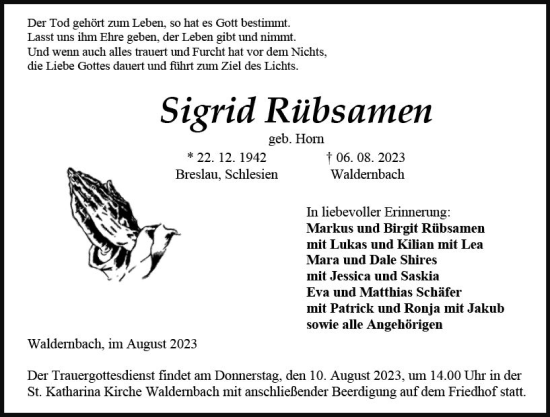 Traueranzeige von Sigrid Rübsamen von Weilburger Tageblatt