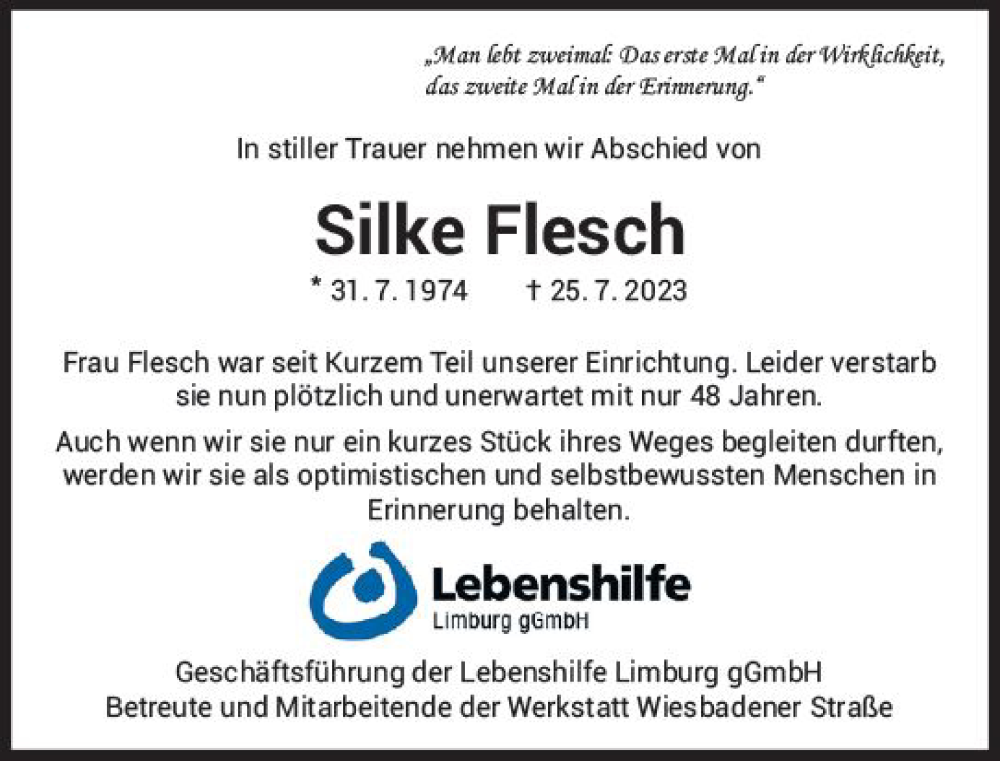  Traueranzeige für Silke Flesch vom 04.08.2023 aus Nassauische Neue Presse