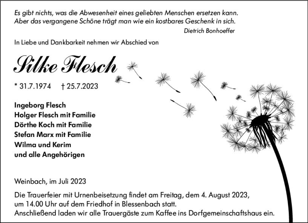  Traueranzeige für Silke Flesch vom 01.08.2023 aus Weilburger Tageblatt