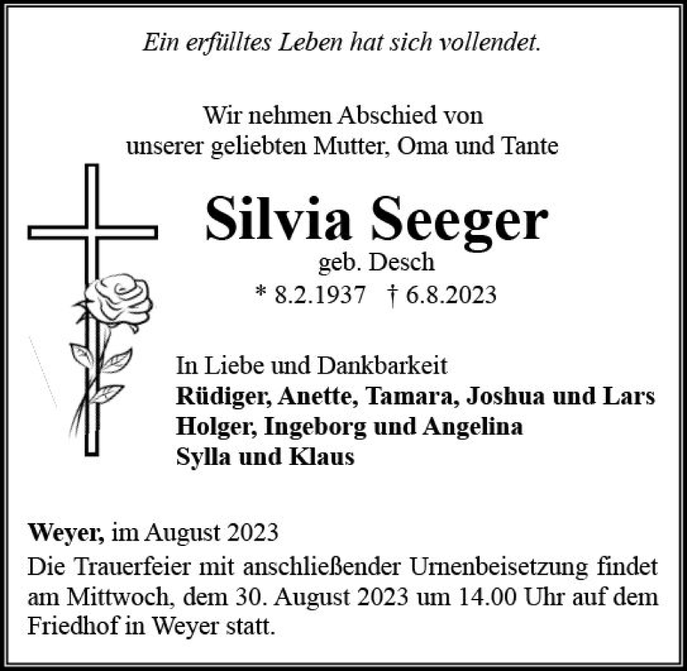  Traueranzeige für Silvia Seeger vom 26.08.2023 aus Nassauische Neue Presse
