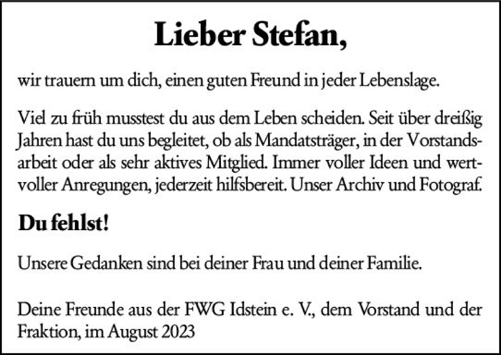  Traueranzeige für Stefan  vom 26.08.2023 aus Idsteiner Land/Untertaunus