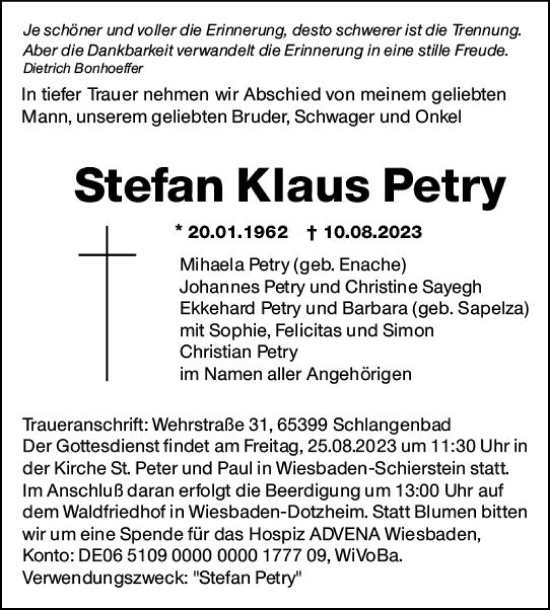Traueranzeige von Stefan Klaus Petry von Wiesbadener Kurier
