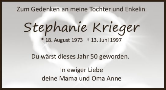 Traueranzeige von Stephanie Krieger von Wiesbadener Kurier