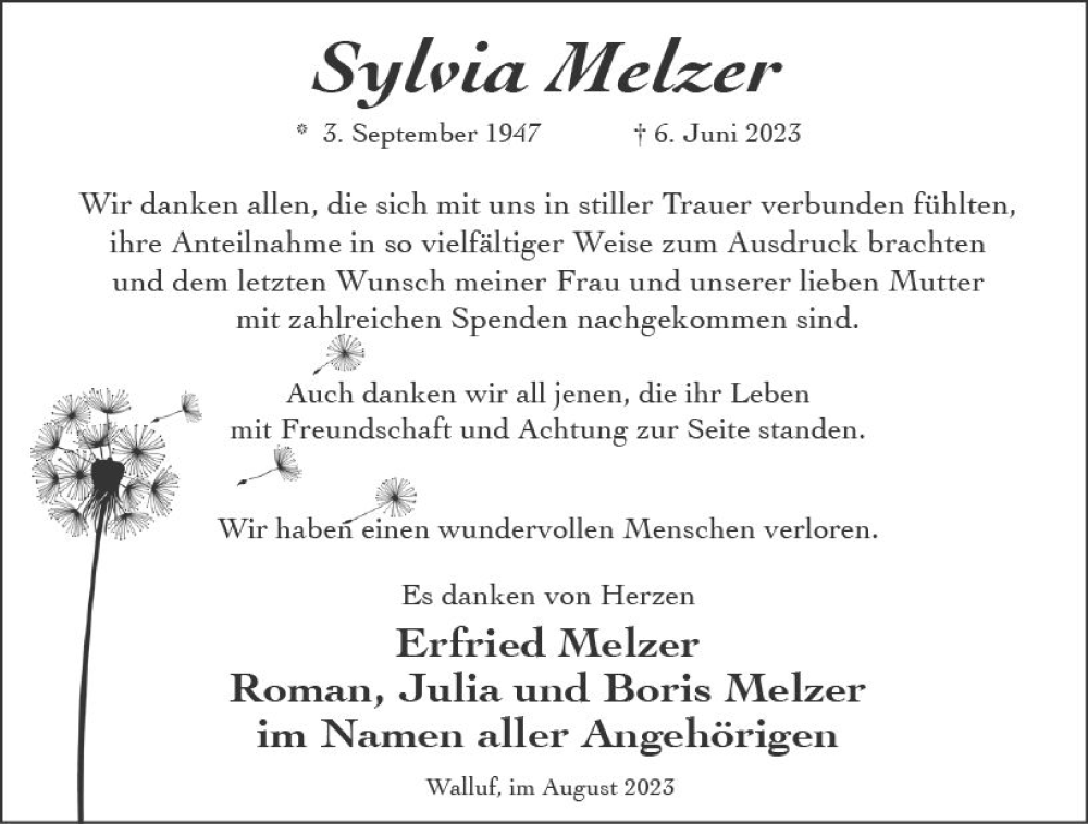  Traueranzeige für Sylvia Melzer vom 05.08.2023 aus Wiesbadener Kurier