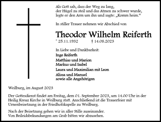 Traueranzeige von Theodor Wilhelm Reiferth von Weilburger Tageblatt
