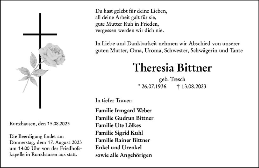  Traueranzeige für Theresia Bittner vom 15.08.2023 aus Hinterländer Anzeiger