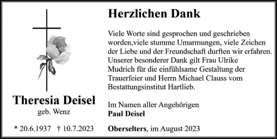 Traueranzeige von Theresia Deisel von Camberger Anzeiger