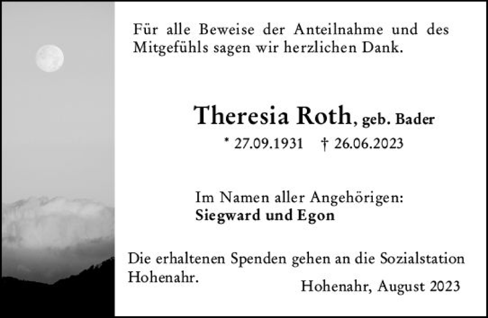  Traueranzeige für Theresia Roth vom 12.08.2023 aus Wetzlarer Neue Zeitung