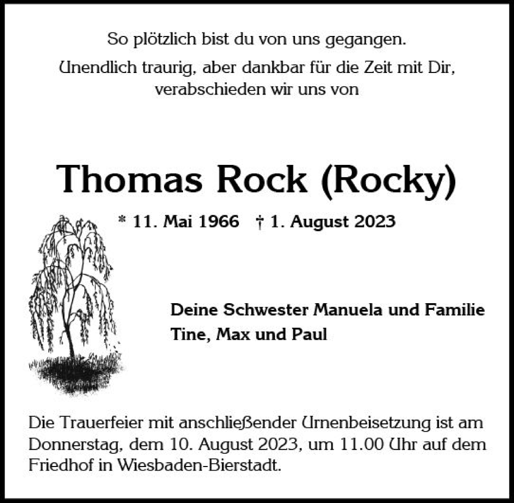  Traueranzeige für Thomas Rock vom 05.08.2023 aus Wiesbadener Kurier