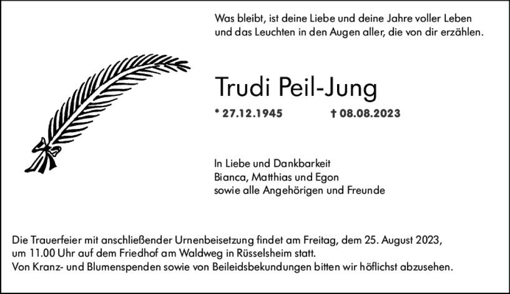 Traueranzeige für Trudi Peil-Jung vom 19.08.2023 aus Rüsselsheimer Echo