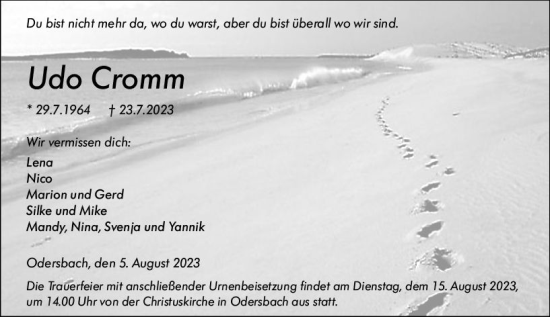 Traueranzeige von Udo Cromm von Weilburger Tageblatt
