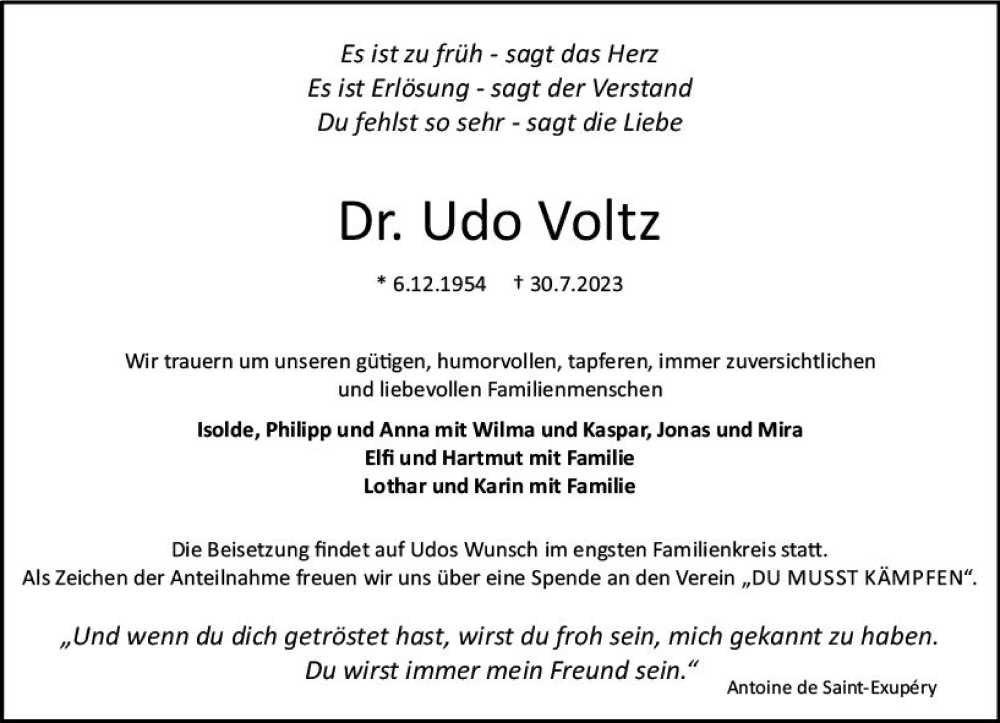  Traueranzeige für Udo Voltz vom 05.08.2023 aus Darmstädter Echo