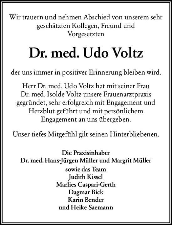 Traueranzeige von Udo Voltz von Darmstädter Echo