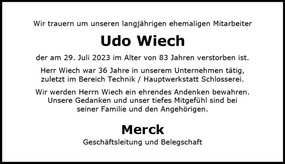  Traueranzeige für Udo Wiech vom 09.08.2023 aus Darmstädter Echo