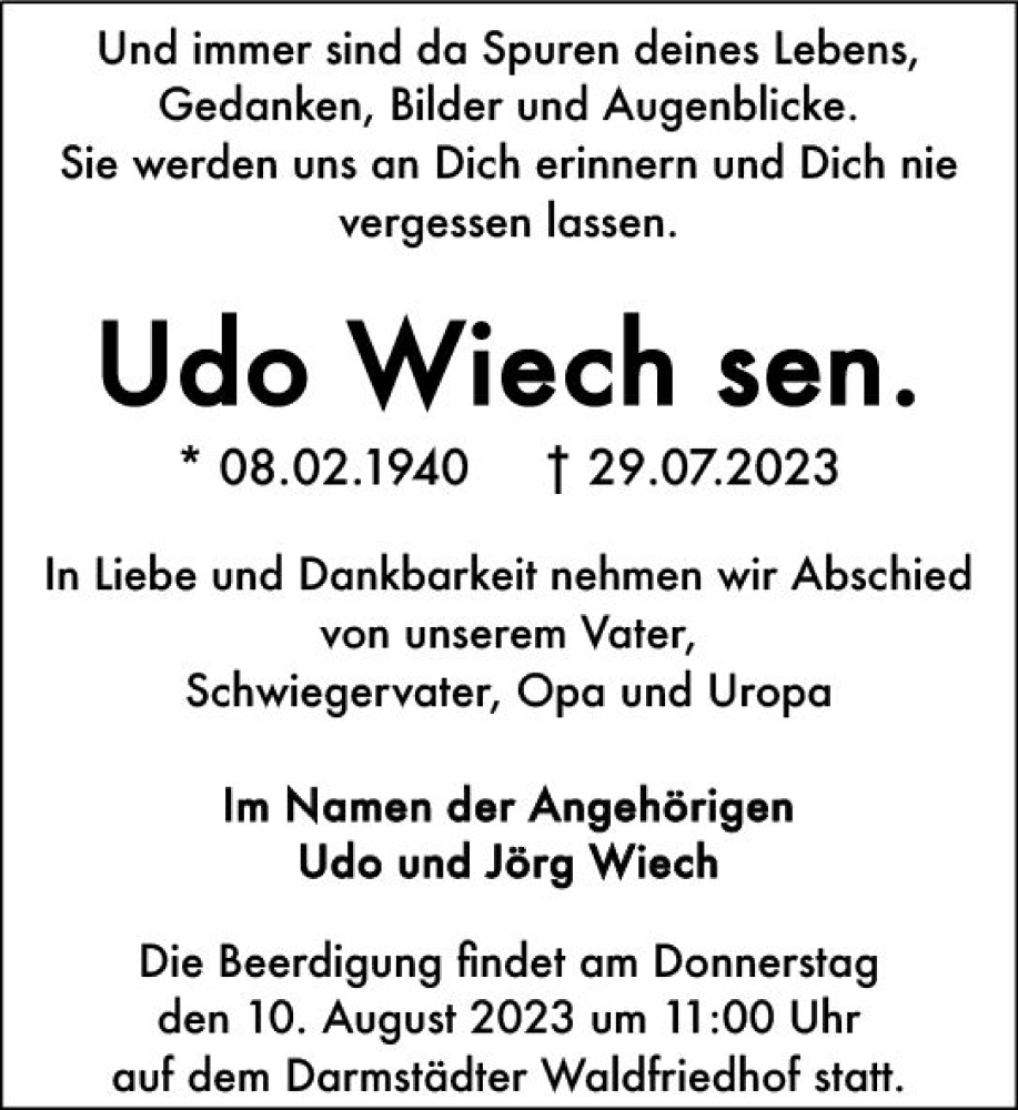  Traueranzeige für Udo Wiech vom 05.08.2023 aus Darmstädter Echo