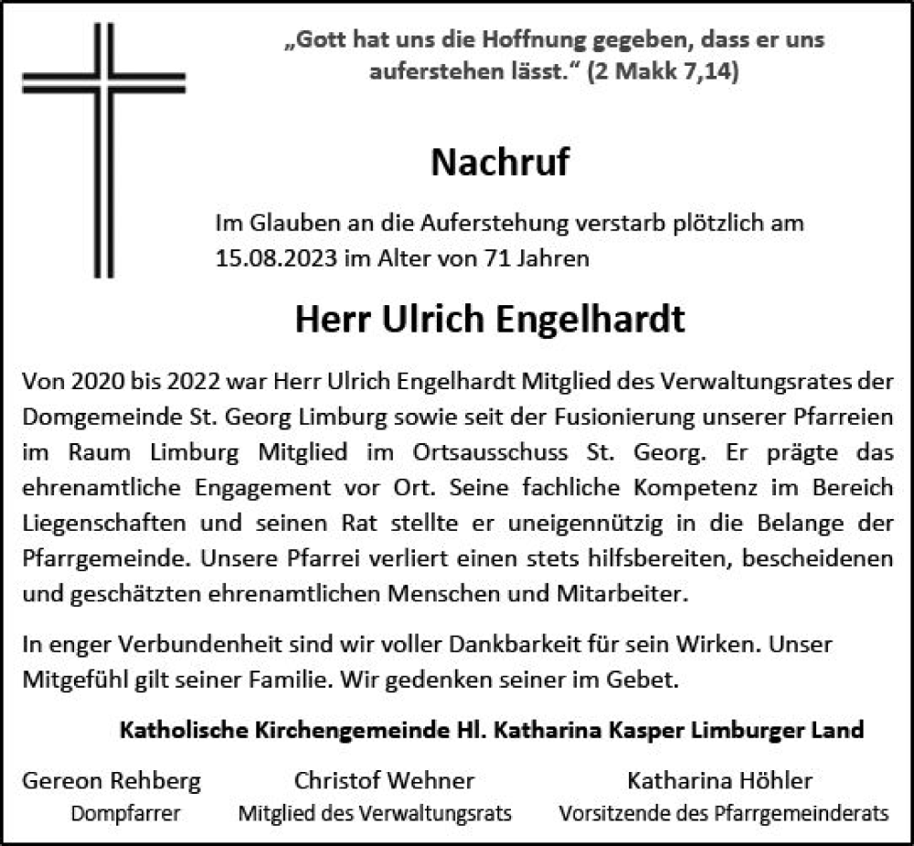  Traueranzeige für Ulrich Engelhardt vom 26.08.2023 aus Nassauische Neue Presse