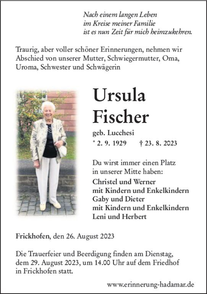  Traueranzeige für Ursula Fischer vom 26.08.2023 aus Nassauische Neue Presse