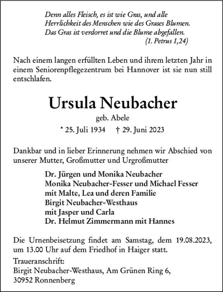  Traueranzeige für Ursula Neubacher vom 12.08.2023 aus Dill Block