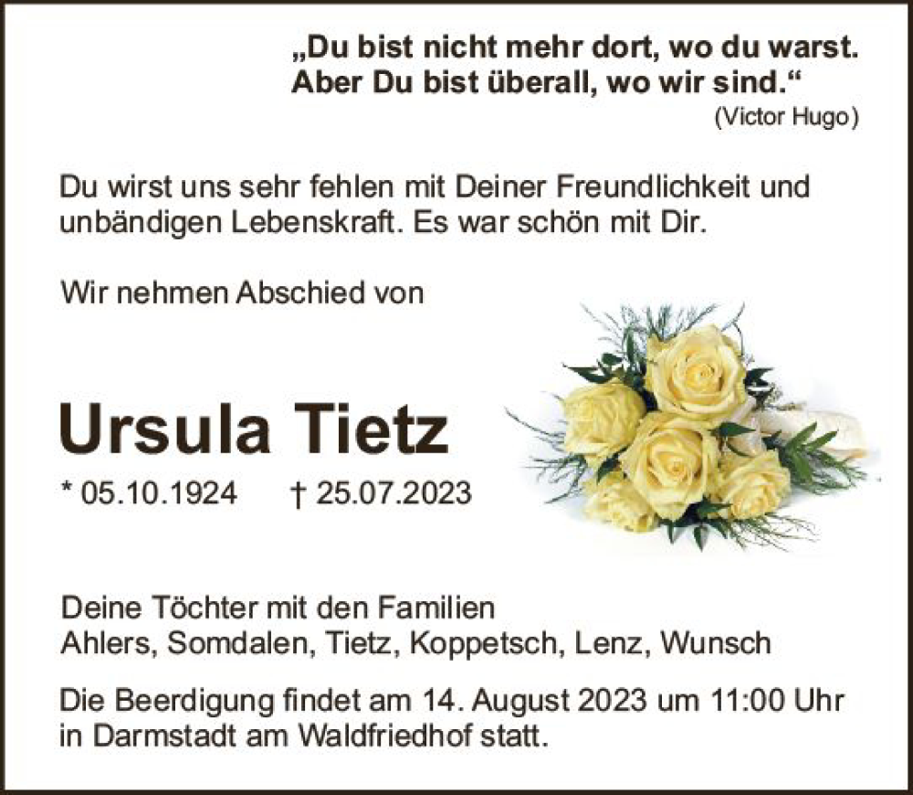  Traueranzeige für Ursula Tietz vom 05.08.2023 aus Darmstädter Echo