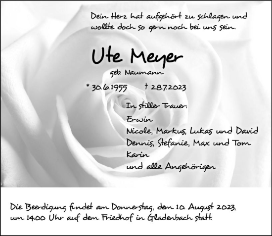 Traueranzeige von Ute Meyer von Hinterländer Anzeiger