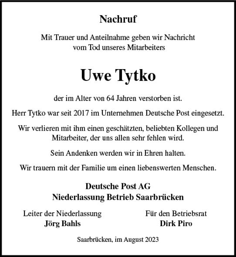  Traueranzeige für Uwe Tytko vom 19.08.2023 aus Allgemeine Zeitung Mainz