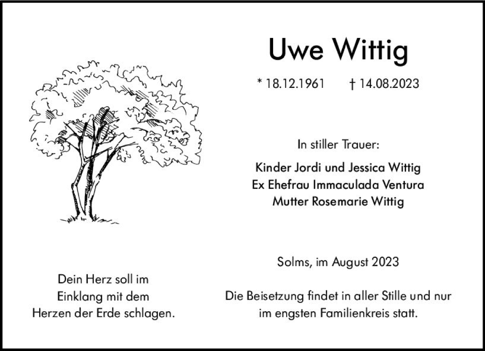  Traueranzeige für Uwe Wittig vom 22.08.2023 aus Wetzlarer Neue Zeitung