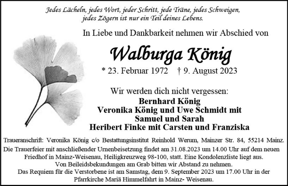  Traueranzeige für Walburga König vom 26.08.2023 aus Rüsselsheimer Echo