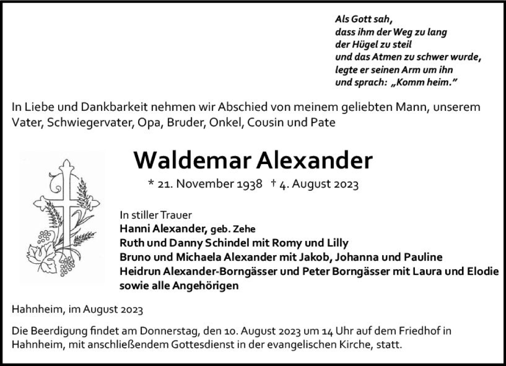  Traueranzeige für Waldemar Alexander vom 08.08.2023 aus Allgemeine Zeitung Mainz