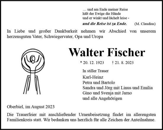 Traueranzeige von Walter Fischer von Wetzlarer Neue Zeitung