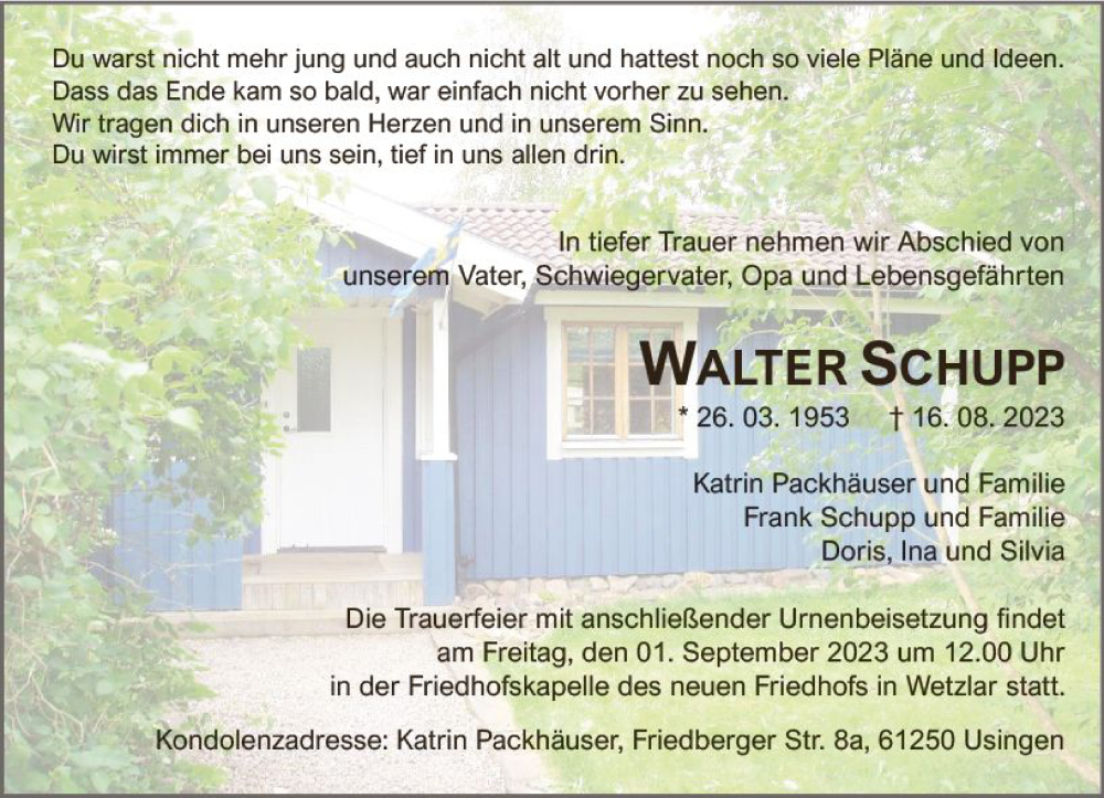  Traueranzeige für Walter Schupp vom 26.08.2023 aus Wetzlarer Neue Zeitung