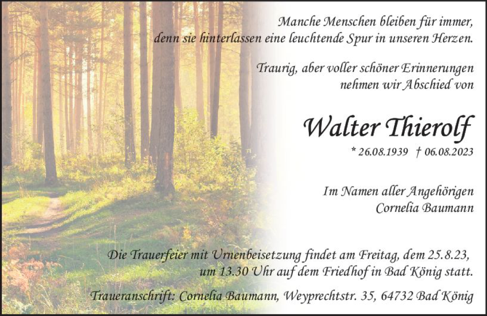  Traueranzeige für Walter Thierolf vom 19.08.2023 aus Odenwälder Echo