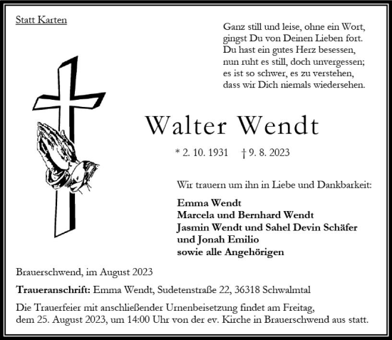 Traueranzeige von Walter Wendt von Oberhessen Kurier