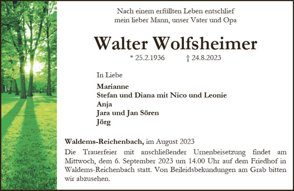  Traueranzeige für Walter Wolfsheimer vom 31.08.2023 aus Camberger Anzeiger