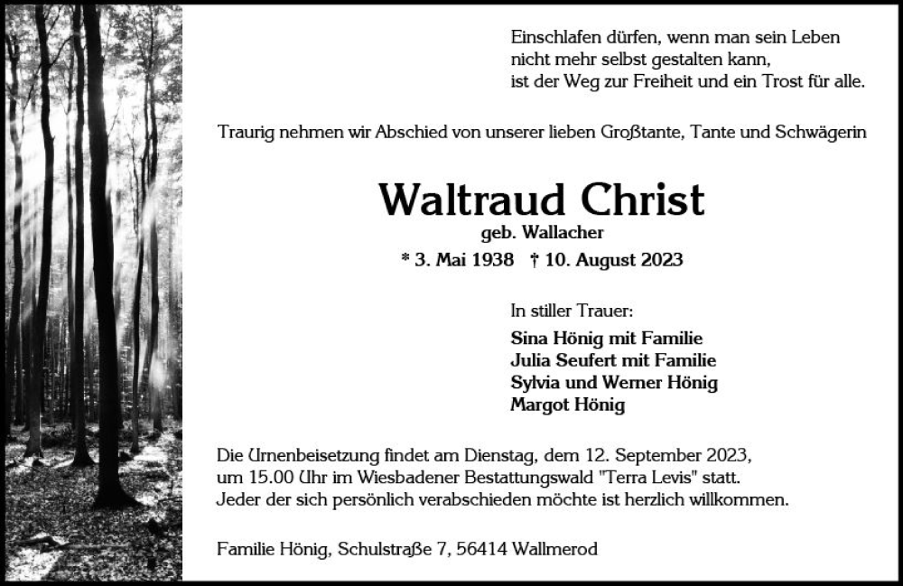  Traueranzeige für Waltraud Christ vom 23.08.2023 aus Wiesbadener Kurier