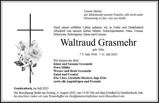 Traueranzeige von Waltraud Grasmehr von Weilburger Tageblatt