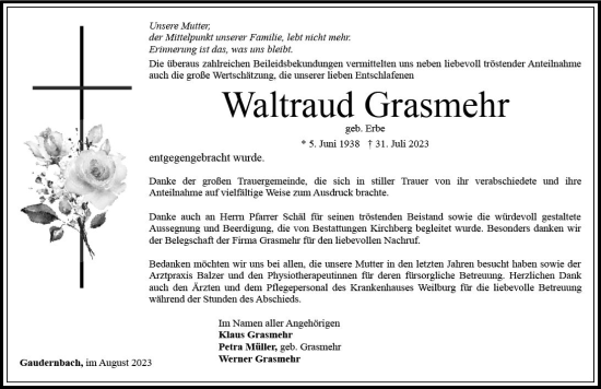 Traueranzeige von Waltraud Grasmehr von Weilburger Tageblatt