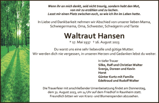 Traueranzeige von Waltraut Hansen von Rüsselsheimer Echo