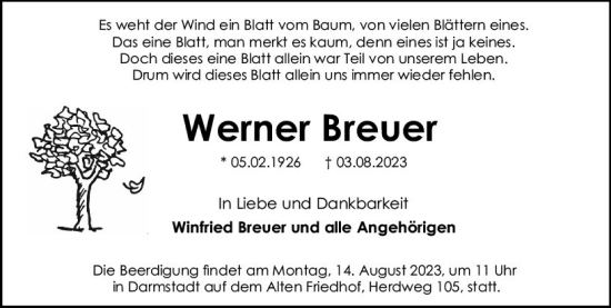 Traueranzeige von Werner Brauer von Darmstädter Echo