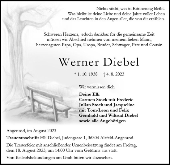 Traueranzeige von Werner Diebel von Oberhessen Kurier