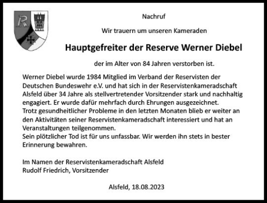 Traueranzeige von Werner Diebel von VRM Trauer