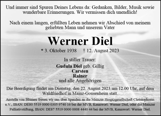 Traueranzeige von Werner Diel von Allgemeine Zeitung Mainz