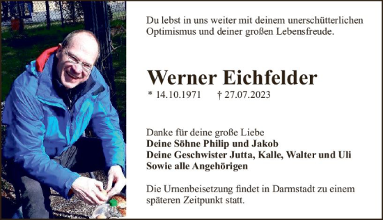 Traueranzeige von Werner Eichfelder von Darmstädter Echo