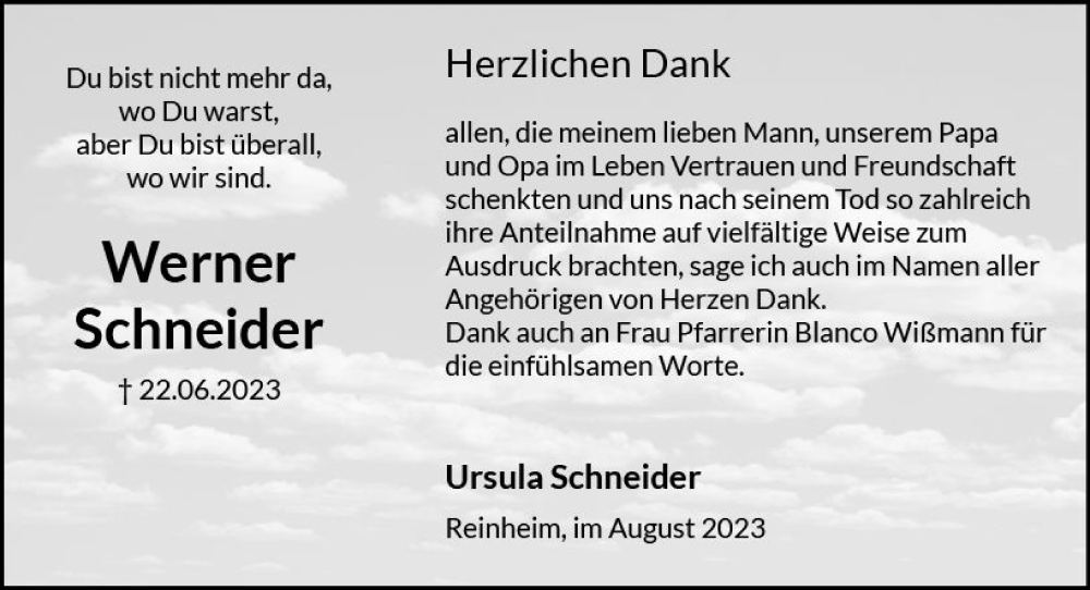  Traueranzeige für Werner Schneider vom 05.08.2023 aus Darmstädter Echo