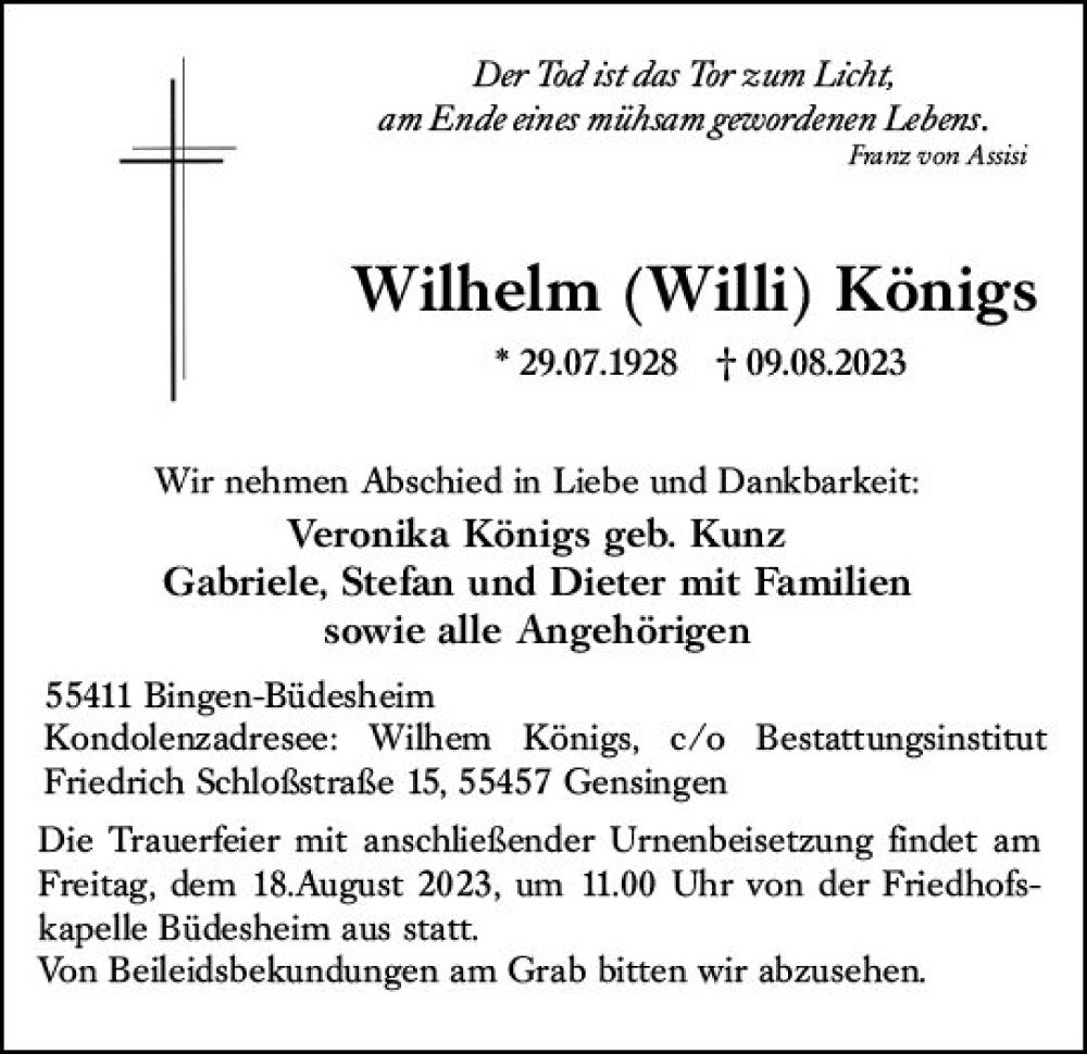  Traueranzeige für Wilhelm Königs vom 12.08.2023 aus Allgemeine Zeitung Bingen/Ingelheim