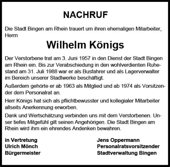 Traueranzeige von Wilhelm Königs von Allgemeine Zeitung Bingen/Ingelheim